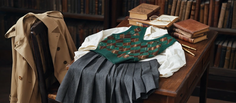 Which aesthetic relies on pleated skirts, argyle knits, trench coats, and academic layering?