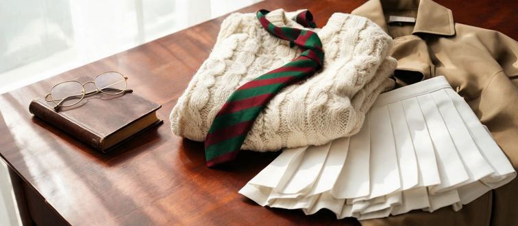 Which aesthetic is defined by pleated tennis skirts, cable-knit sweaters, trench coats, and academic layering?