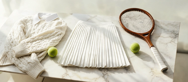Which weekend aesthetic leans heavily on pleated tennis skirts, cable-knit sweaters, and crisp white collared shirts?
