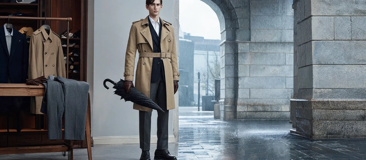 Which jacket style is defined by its military origins, double-breasted front, and waist belt?